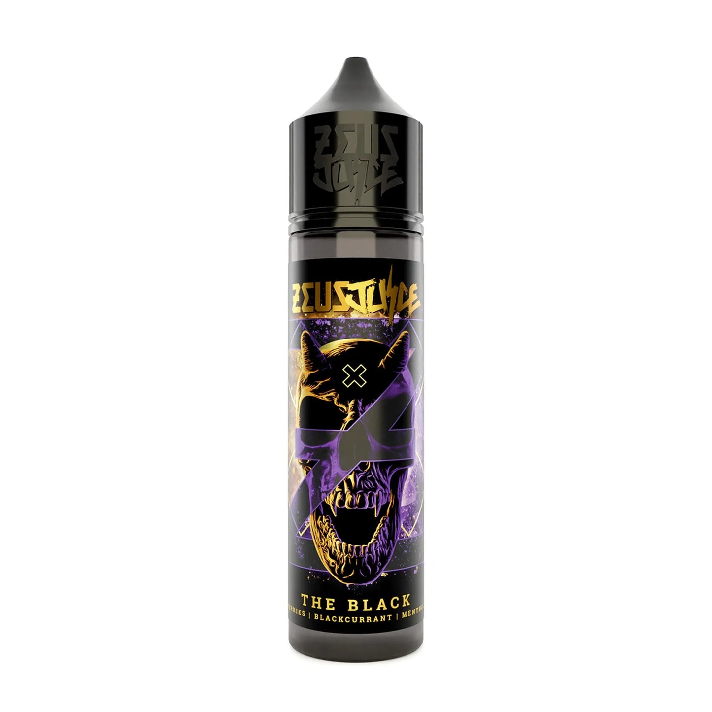 50ml vape juice bottle with purple and gold skull artwork, labeled The Black, berries blackcurrant menthol