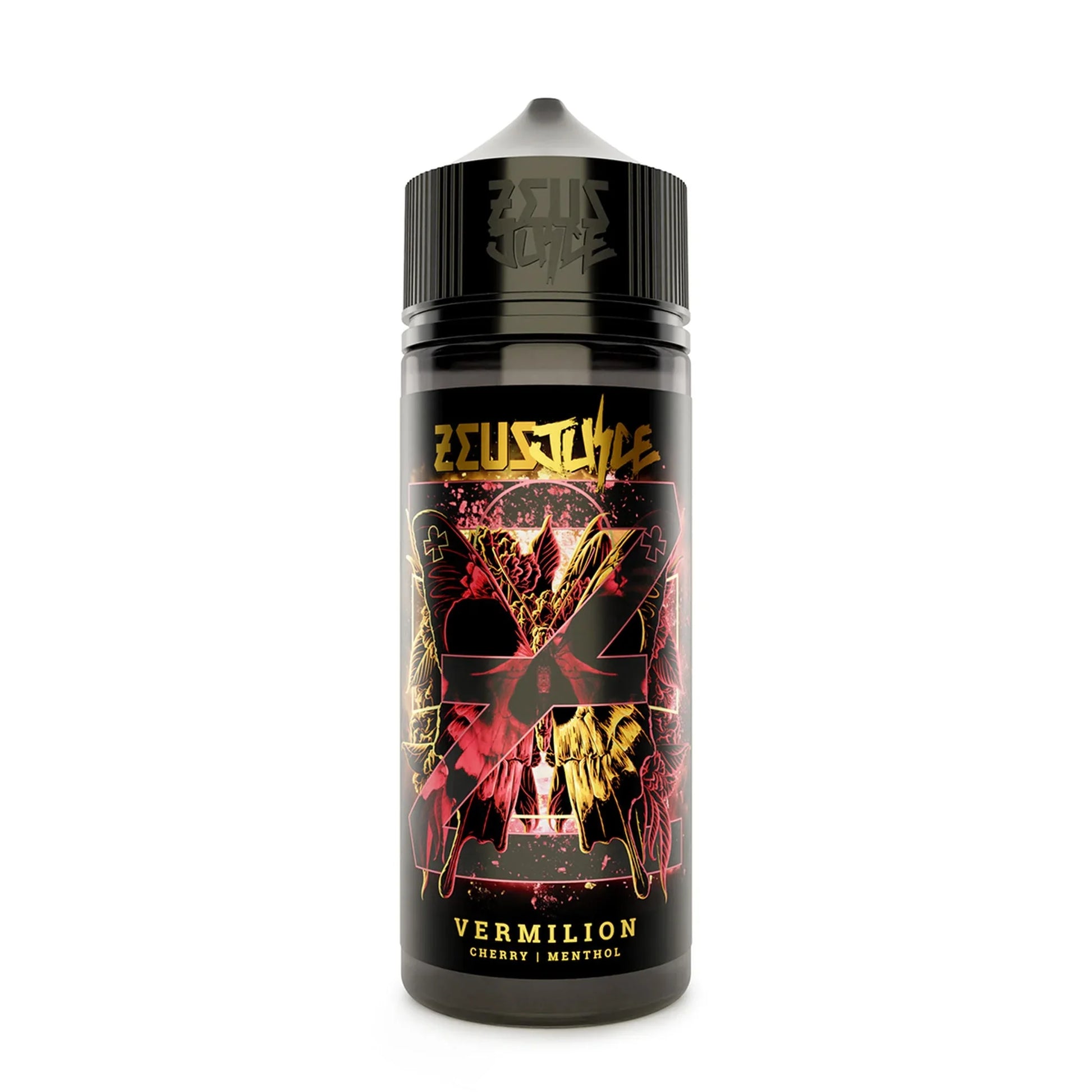 100ml black vape juice bottle labeled Vermilion cherry menthol with bold graphic design